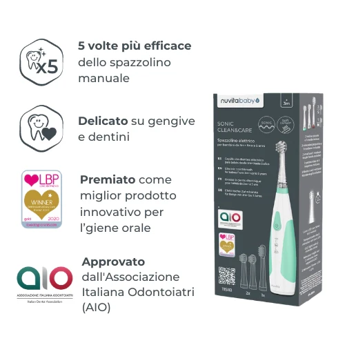 SONIC CLEAN CARE - Spazzolino elettrico per neonati e bambini CON 2 TESTINE PICCOLE e 1 MEDIA INCLUSE  3m+