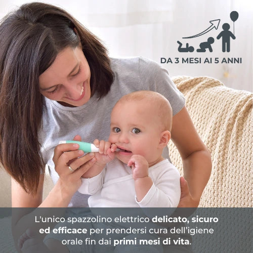 SONIC CLEAN CARE - Spazzolino elettrico per neonati e bambini CON 2 TESTINE PICCOLE e 1 MEDIA INCLUSE  3m+